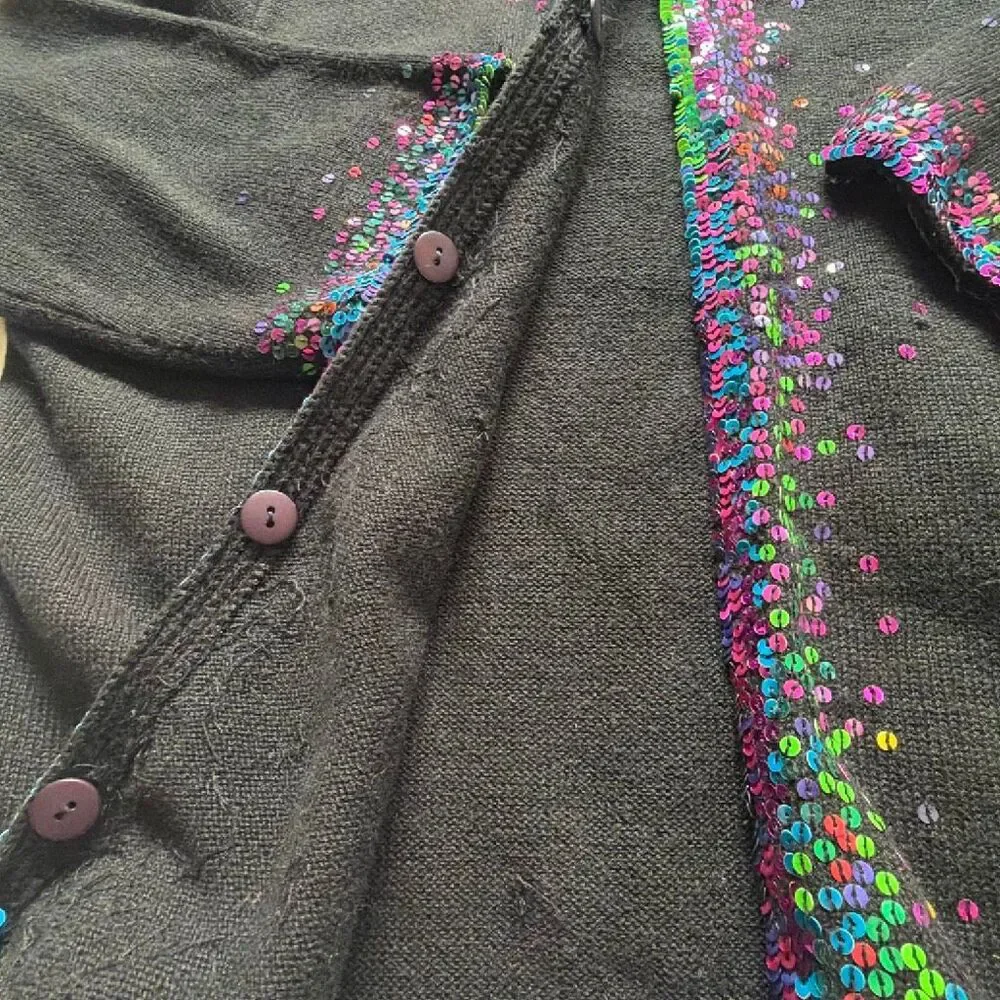 Vintage Michael Simon Rainbow Sequins Trimmed Black Cardigan Sweater Medium